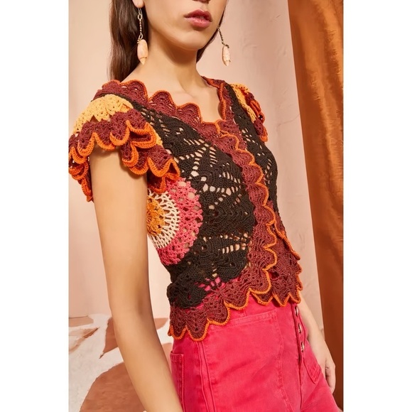 Ulla Johnson Crochet-Knit Ruffle Short-Sleeve Magdalena Top - Picture 4 of 7